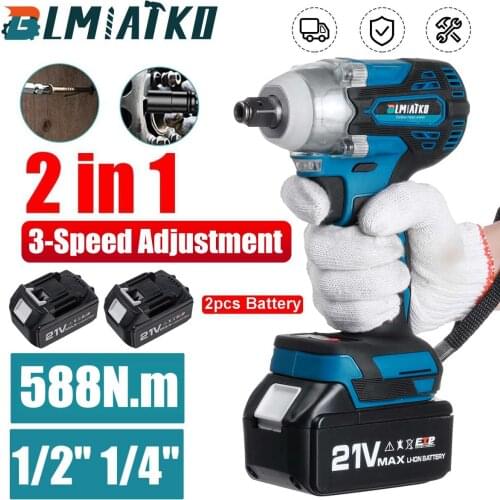 18V 588N.m Li-Ion Brushless Cordless Electric 1/2"Wrench 1/4"Screwdriver Drill With Single Battery Drill With 2 Battery