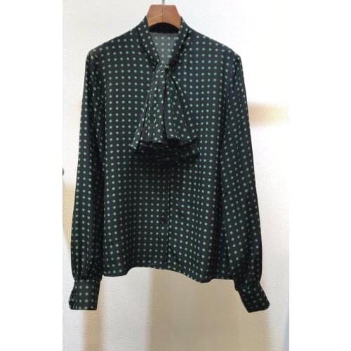 Fashion women 2021 new long-sleeved sexy silk ruffled bow tie retro polka dot shirt 0330