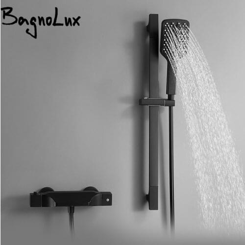 Wall Mounted Thermostatic Bathroom Shower Faucet Bath Waterfall Mixer Tap With Sliding Bar Black Solid Plastic Hand Held