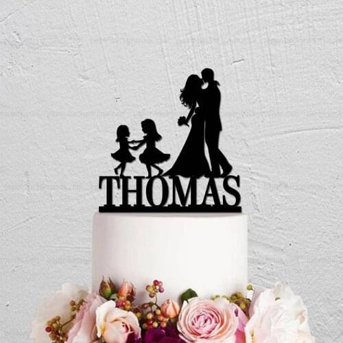 Personalized name Family Wedding Cake Topper, Bride&Groom with Children Cake Topper,Couple and Two Girls Silhouette Cake Topper