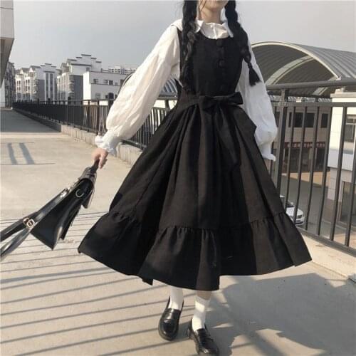Girl Lolita Sweet Cute Japanese Kawaii Dress College Style Clothing Women White Shirt Suspender Sling Student Harajuku Vintage