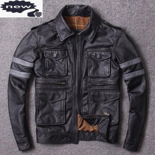 Safari Style Cow Genuine Mens Pocket Turn-Down Collar Zipper Black Slim Fit Real Leather Jacket Fashion Clothes