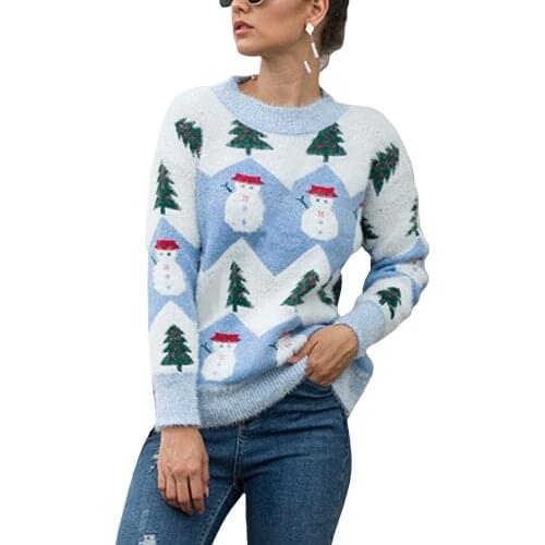 Women Knit Sweater, Adults Christmas Tree Snowman Pattern Long Sleeve Round Neck Pullover