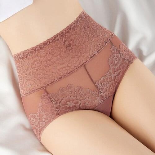 High Waist Tummy Control Panties Sexy Lace Flowers Women Charming Knickers Plus Size Girdle Waist Underwear Butt Lifter Briefs