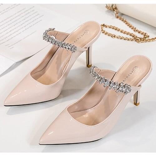 Rhinestones Band slingback patent leather pumps women slip on pointed toe footwear femm crystal stiletto high heels shoes woman