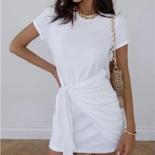 Urifens Vestidos 2021 Spring Summer O Neck Short Sleeve Bow Bodycon Dress Women Casual Folds White Bandage Solid Dresses BT33U