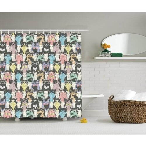 Cat Shower Curtain Funny Cartoon Decor for Kids Playful Hipster and Cats with Glasses Theme Bath Curtains for Bathroom Decor
