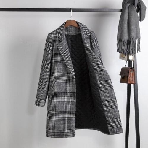 New Winter Jacket Houndstooth Womens Coat Loose Plus Cotton and Woolen Blended Coat Long Warm Jacket Cashmere Outerwear P154
