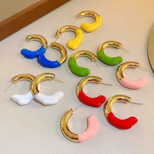VSnow Summer C Shape Candy Colors Enamel Hoop Earring for Women Girls Vintage Gold Color Metallic Multi Designs Earring Jewelry