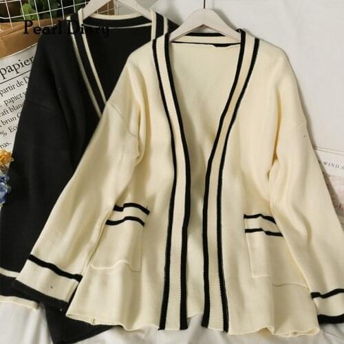 Pearl Diary Women Autumn Winter Cardignas Contrast Color Long Sweater Cardigan With Pocket England Style Vintage Casual Cardigan