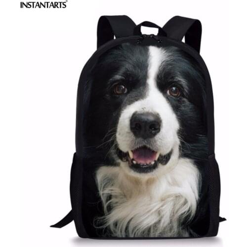 INSTANTARTS Cute Dog Pattern Kids Children Casual Large School Bag Border Collie Women Men Laptop Backpack Teen Boy Shoulder Bag