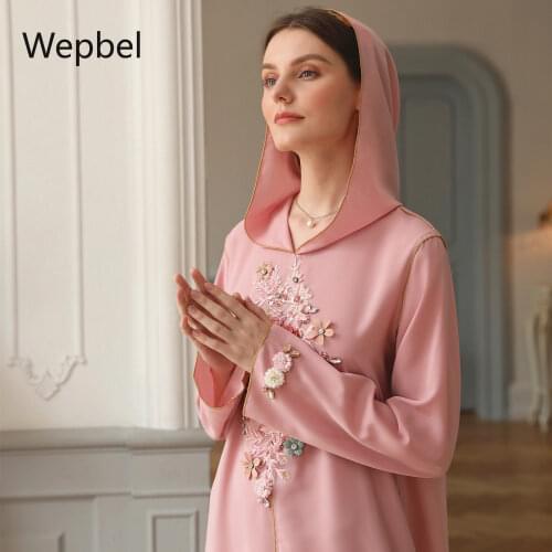 WEPBEL Women Muslim Dress Pink Hooded Handmade Flowers Dubai Abaya Casual Dress Moroccan Robe Loose Long Sleeve Kaftan