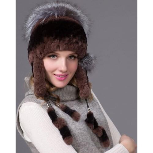 100% Authentic Autumn and Winter Authentic Rex Rabbit Fur Hood Cap Thick Fox Fur Ball Hat Natural Fur Hat Female Hand Cap THY-11