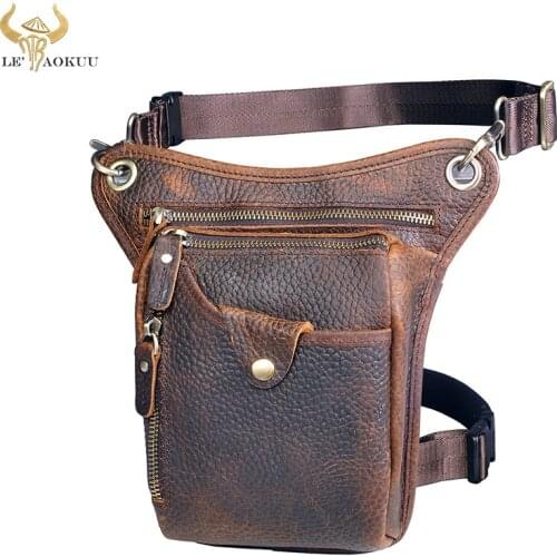2020 Original Thick Leather men Fashion Small Satchel Cross-body Bag Design Blue Travel Fanny Belt Waist Pack Drop Leg Bag 211-5