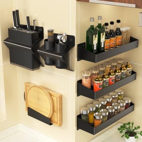 Black Kitchen Wall Mounted Storage Rack for Spice Dish and Bowls Drying Drainer Hanging Hooks Knives Holder Cutlery Organizer
