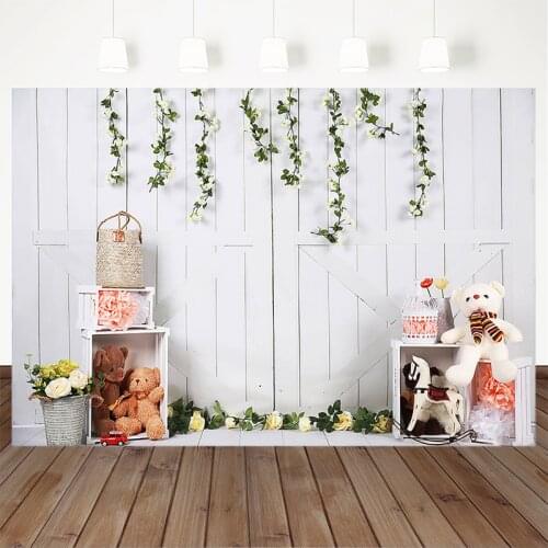 Newborn Wooden Door Photography Background Toy Bear Banner Decoration Children Birthday Portrait Backdrop Baby Shower Studio