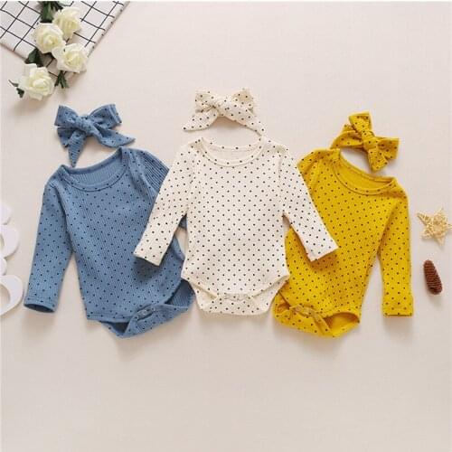 0-24M Baby Girls Rompers Crotch Buttons Home Sleeping Polka Dot Printed Playsuit Long Pants Headwear Baby Girls Jumpsuits