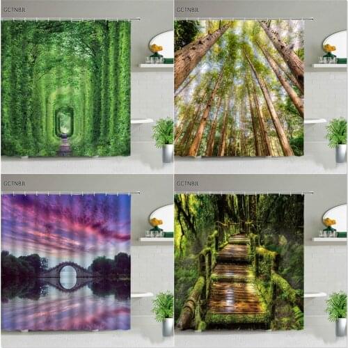 Landscape Shower Curtains Set Autumn Waterfall Forest Tree Sunset Natural Scenery Wall Hanging Bathroom Decor Fabric With Hooks