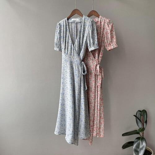 Summer Women Short-sleeved Chiffon Dress V-neck High Waist Floral Print Beach Midi Dresses bandage Sexy Vestidos 2021 dresses