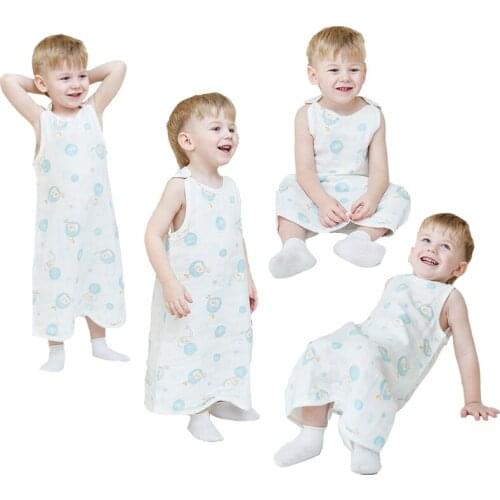 Summer Sleevelss Pajamas Baby Boy 2 Layers Cotton Gauze Onesies Sleeping Bag Toddler Girl 1-6 Yrs Cat Elepant Pig Print Homewear