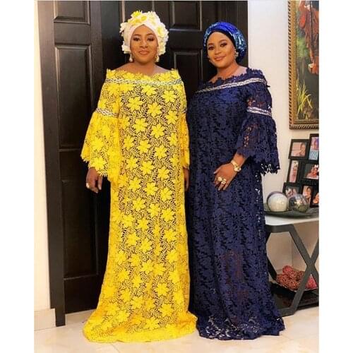 New Fashion African Women Dashiki Water-Soluble Guipure Cord Lace Loose Long Dress + Inside The Skirt Two Piece Free Size