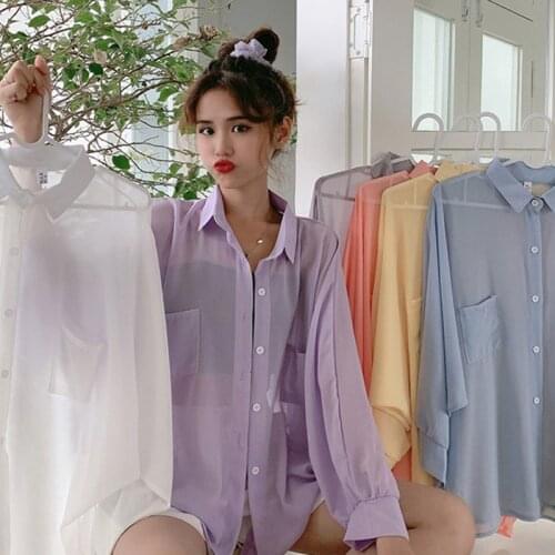 Shirts Women Summer Thin Chiffon Soft Breathable Sheer See-through Full Blouses Basic All-match Fashion Female Chic Loose New