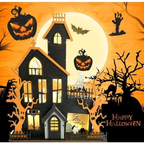 Halloween Table Decorations Wooden Haunted House Ghost Table Centerpieces Sign with LED Light for Home Kitchen Decor