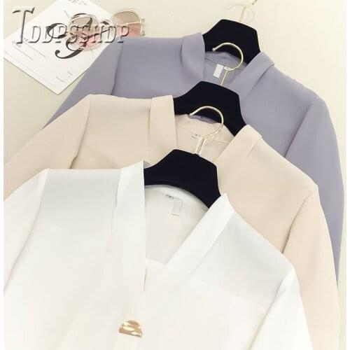 2020 Spring White Blue Apricot Women Blouse V Neck Long Sleeve Female Blouses