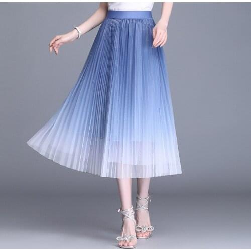 Fashion Gradient Color Mesh Pleated Skirts Women 2021 Summer Elegant High Waist Loose Casual Big Swing Swing Mid Long Skirt 8927