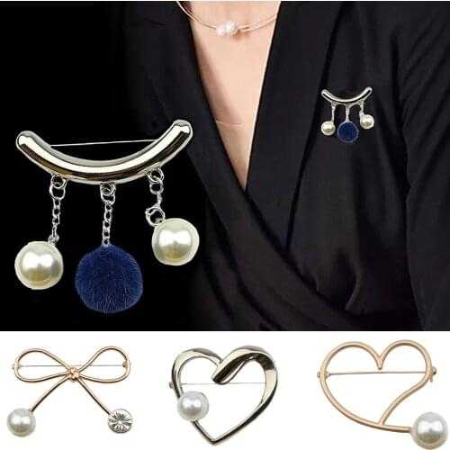 Womens Vintage Pearl Brooch Sparkly Gold Color Heart-shaped Brooches for Wedding Party Pins Clothing Jewelry Accessories