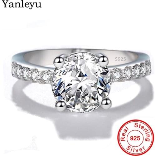 Yanleyu Luxury 925 Sterling Silver Rings for Women Big 9mm Round Cubic Zircon Wedding Ring Bridal Engagement Jewelry PR290