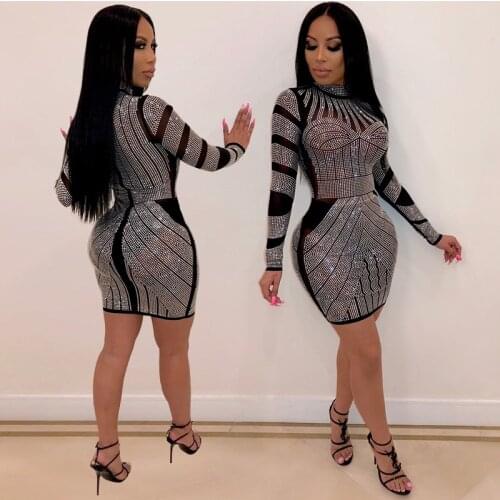 Women Dress Sexy Club Sequin Glitter Diamond Dress Vestido Ladies Dresses Bandage Paisley Crystal Party Bodycon Mini Dress