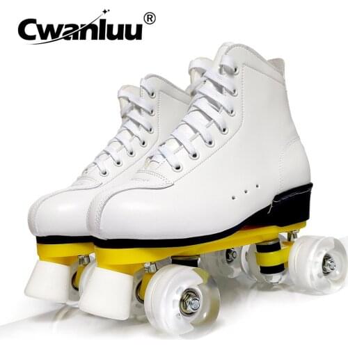 100% Cowhide Lether Luxury White Black Woman Girl Man Kids Roller Skates Double Row Patines Skate Shoes Europe Size 35-45