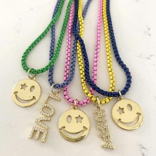 5Pcs Fashion enamel chain with cz micro pave "HAPPY" and "Love" letters/ smile charm pendant necklace jewelry