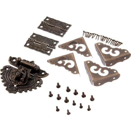 7pcs/set Latch Hasp Toggle Buckle+ Hinges+Corner Protectors Antique Bronze Retro Decor Furniture Hardware Jewelry Wooden Box