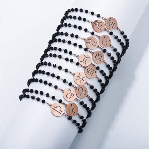Acrylic Black Beads Chain Bracelet for Women High Quality Stainless Steel Long Chain Constellation Charm Adjustable Pulsera Gift