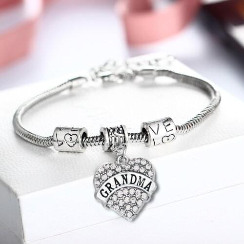 Grandma Bracelet Love Heart Pendant Charm Bracelet For Grandmother Women Grandmas Gifts Clear Crystal Chain Jewelry Family