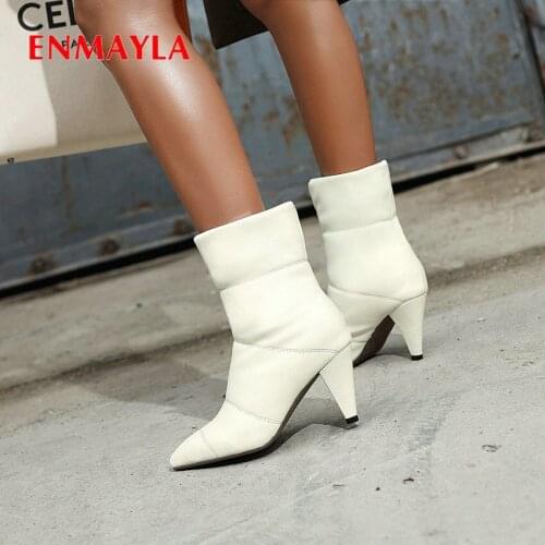 ENMAYLA 2019 PU High Heel Boots Slip-On Ankle Boots for Women Pointed Toe Square Heel Short Plush Sewing Winter Boots Women