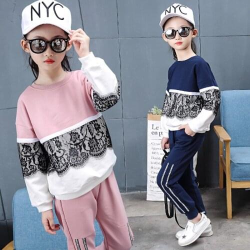 Dulce Amor Girls Clothes Set Long Sleeve Lace Shirt+Pants Sport Suit 2PCs Kids Girl Spring Tracksuit Pink Black School Clothing