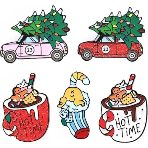 Christmas Coffee Cup Car Tree Enamel Pin Hot Time Brooch Denim Jeans shirt bag Christmas Red Green Jewelry Gift for Friends Kids