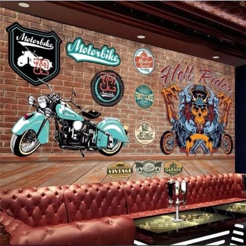European Retro 3D Motorcycle License Plate Red Brick Wall Background Murals KTV Bar Industrial Decor Self Adhesive Wallpapers