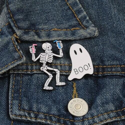 Halloween Party Punk Gothic Drunk Skull Ghost Skeleton Brooches Label Pin Bag Denim Enamel Pins Death Badge Friend Jewelry Gifts