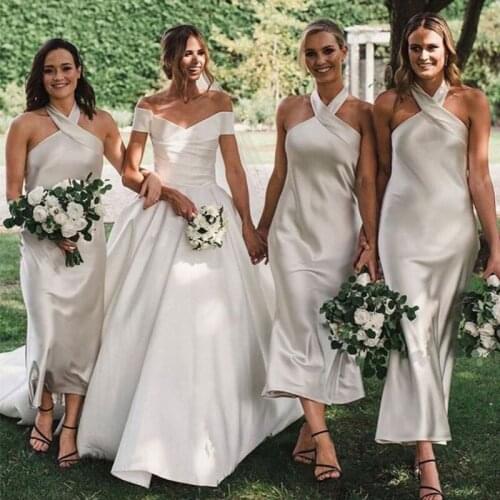 Custom Made Halter Silver Satin Tea Length Wedding Guests Dress Bridesmaid Dresses 2021