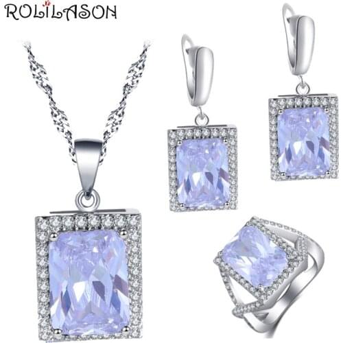 ROLILASON simple style square design 925 silver white zircon earrings necklace ring jewelry set designed for women JS817