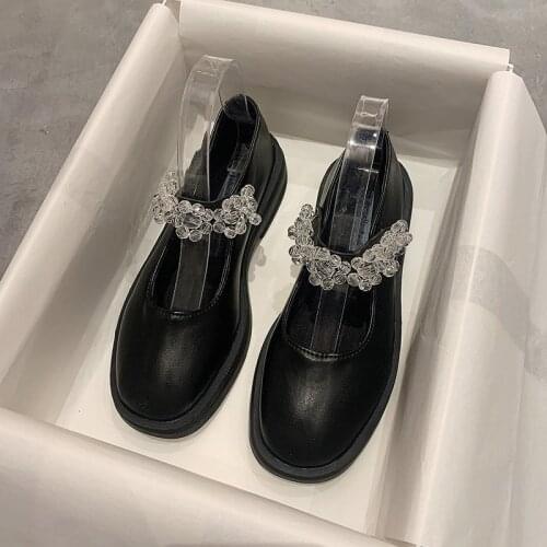 Llogai Sexy Crystal Flowers Mary Janes Shoes Woman Vintage Black Patent Leather Shoes 2021 Spring New Kawaii Lolita Shoes