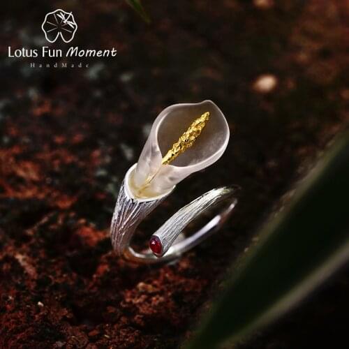 Lotus Fun Moment Real 925 Sterling Silver Natural Crystal Adjustable Rings Fashion Jewelry Calla Lily Flower Ring For Women