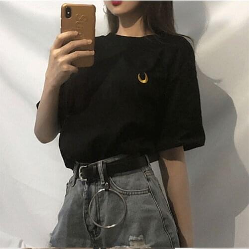 Fashion Women Summer Shirts Moon Embroidery Tee Tops Female T-shirt 2020 Short Sleeve T shirts Woman Couple Clothing
