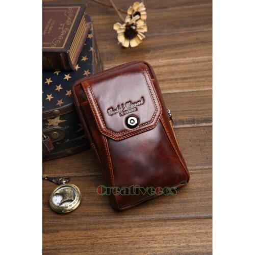 Mens Oil Wax Leather Cowhide Vintage Travel Cell/Mobile Phone Case Cover Pouch Hook Purse Fanny Pack Men Waist Bag
