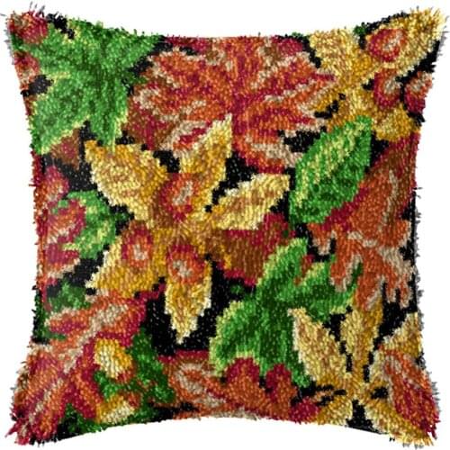 Latch Hook Kits for DIY Shaggy Throw Pillow Cover Sofa Cushion Cover with Pattern Printed Maple leaf