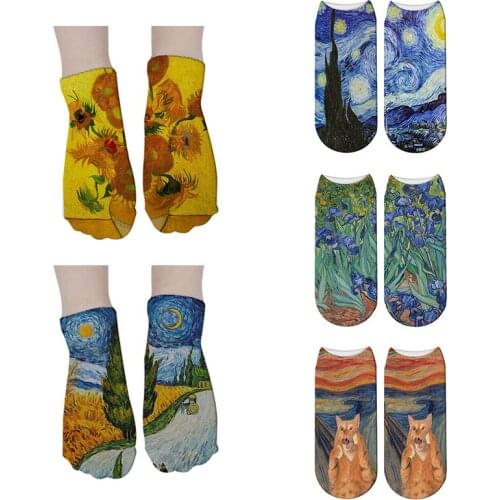 New Van Gogh Oil Painting Socks 3D Printing Retro Art Sunflower Star Moon Night Women Autumn Warm Sports Low Ankle Happy Socks